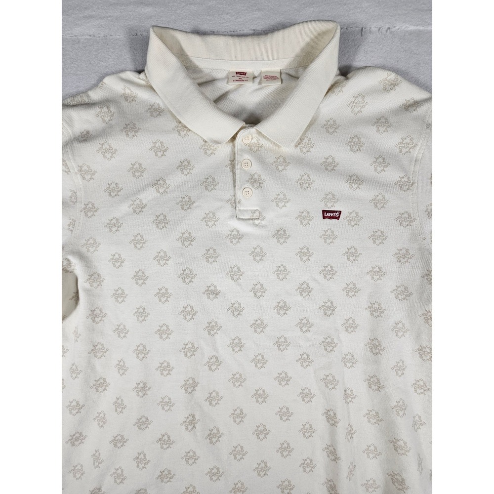 Levis Mens XXL Standard Fit Polo Shirt‎ Cream Geometric Print Short Sleeve Pique